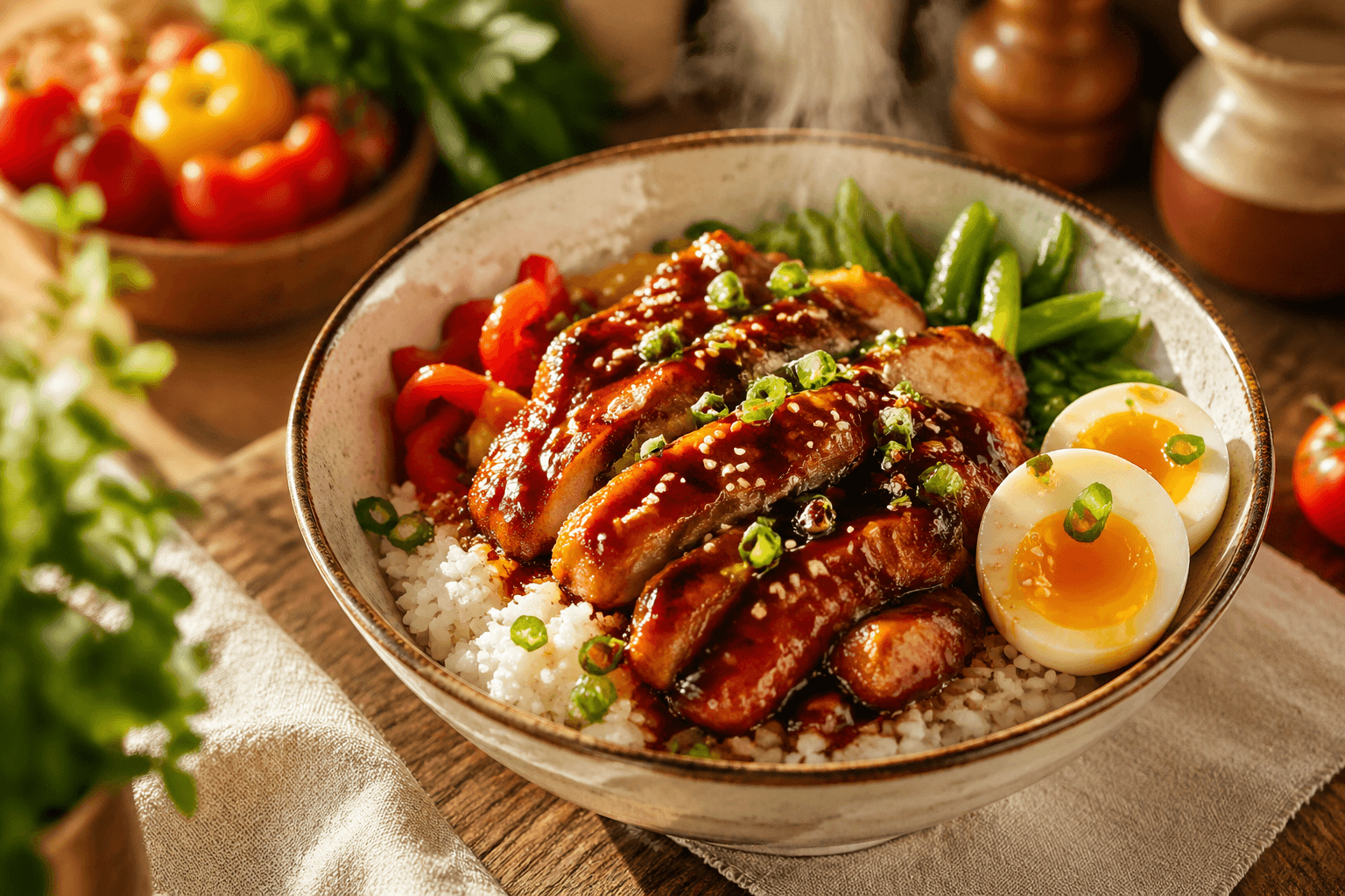 A bowl of teriyaki chicken rice with a soft-boiled egg, steaming on a wood table